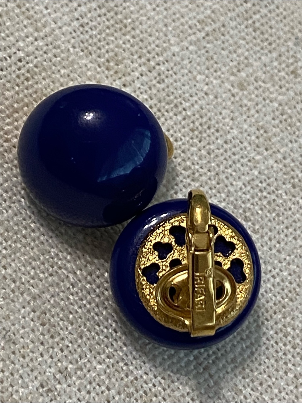 Vintage Crown Trifari Earrings Cobalt Blue Round Cabochon Clip On Lucite 60s